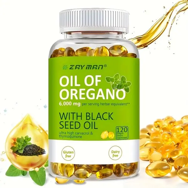 1-3P Bottle of Oregano Oil Softgels - Wild Oregano Oil 6000, Black Seed Oil 200 Capsules, 120 Capsules, Containing Carvacrol And Thymol, Dairy-Free, Gluten-Free