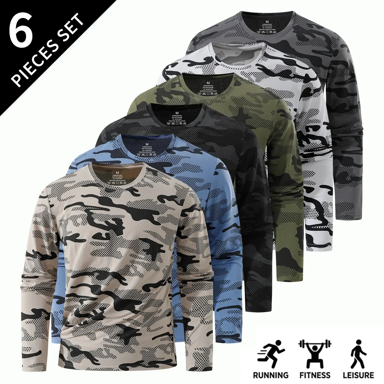 Men's Long Sleeve T-Shirts, 6-Pack Fitted Cut Polyester Blend Base Layer, Camouflage Moisture-Wicking Tops for Male Running Sports