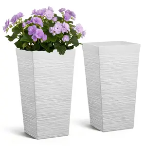 【Summervibes】VEVOR Tall Planters Set of 2, 23 Inch Large Outdoor Taper Planters for Outdoor Indoor Plants, Front Porch Plastic Modern Flower Pots with Casters, Inner Pot & Drainage Holes for Patio, Garden, White