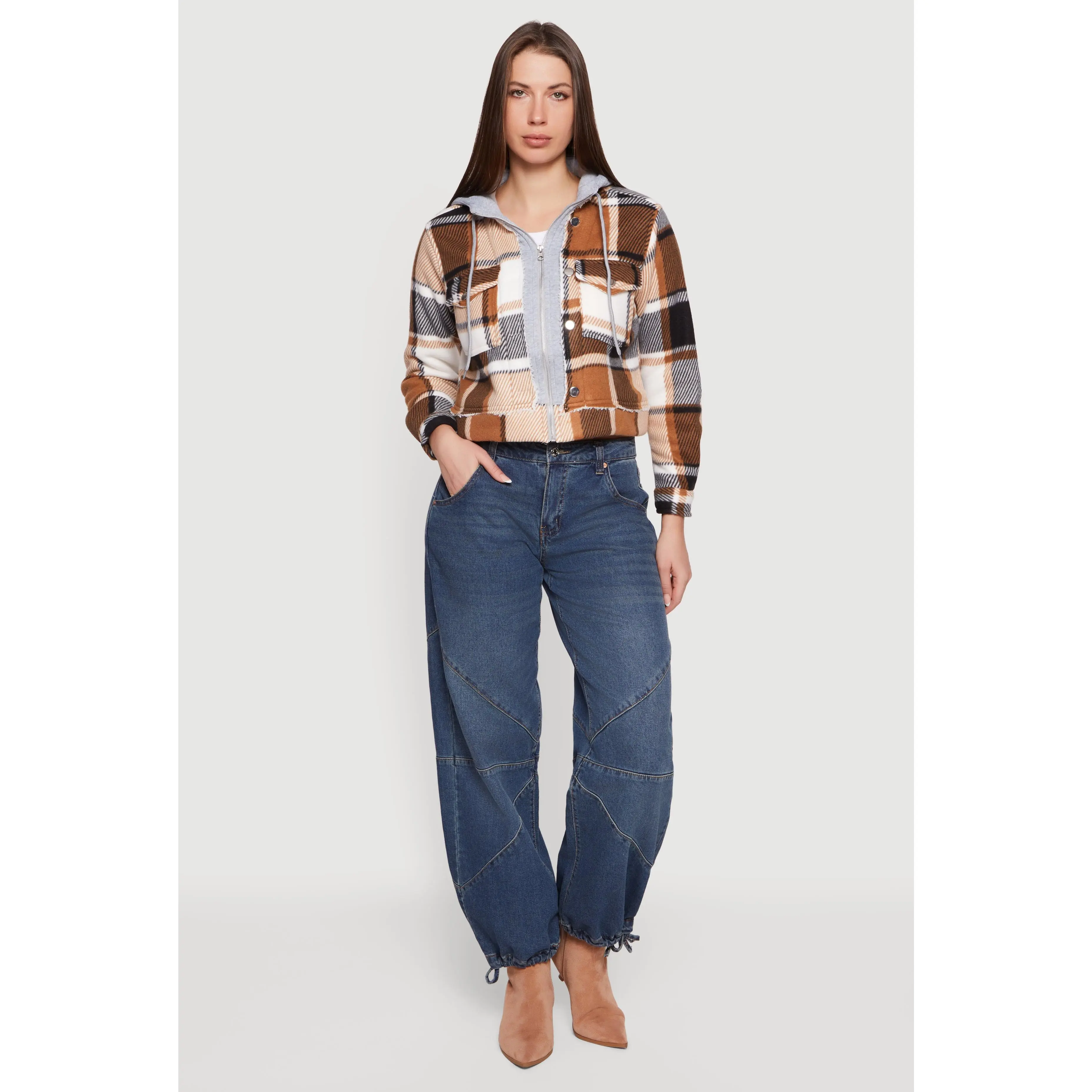 Plaid Zip Front Cropped Hooded Sherpa Shacket