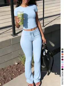 Lw Home Women's Fashion Casual Solid Color Round Neck Short Sleeve T-Shirt and Drawstring Pants Set, Womenswear, Summer, Perfect for Home Wear