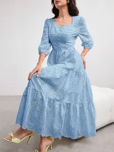 Women's Long Floral Embroidered Puff Sleeve Square Neck Elegant Romantic Dress, Spring/Summer