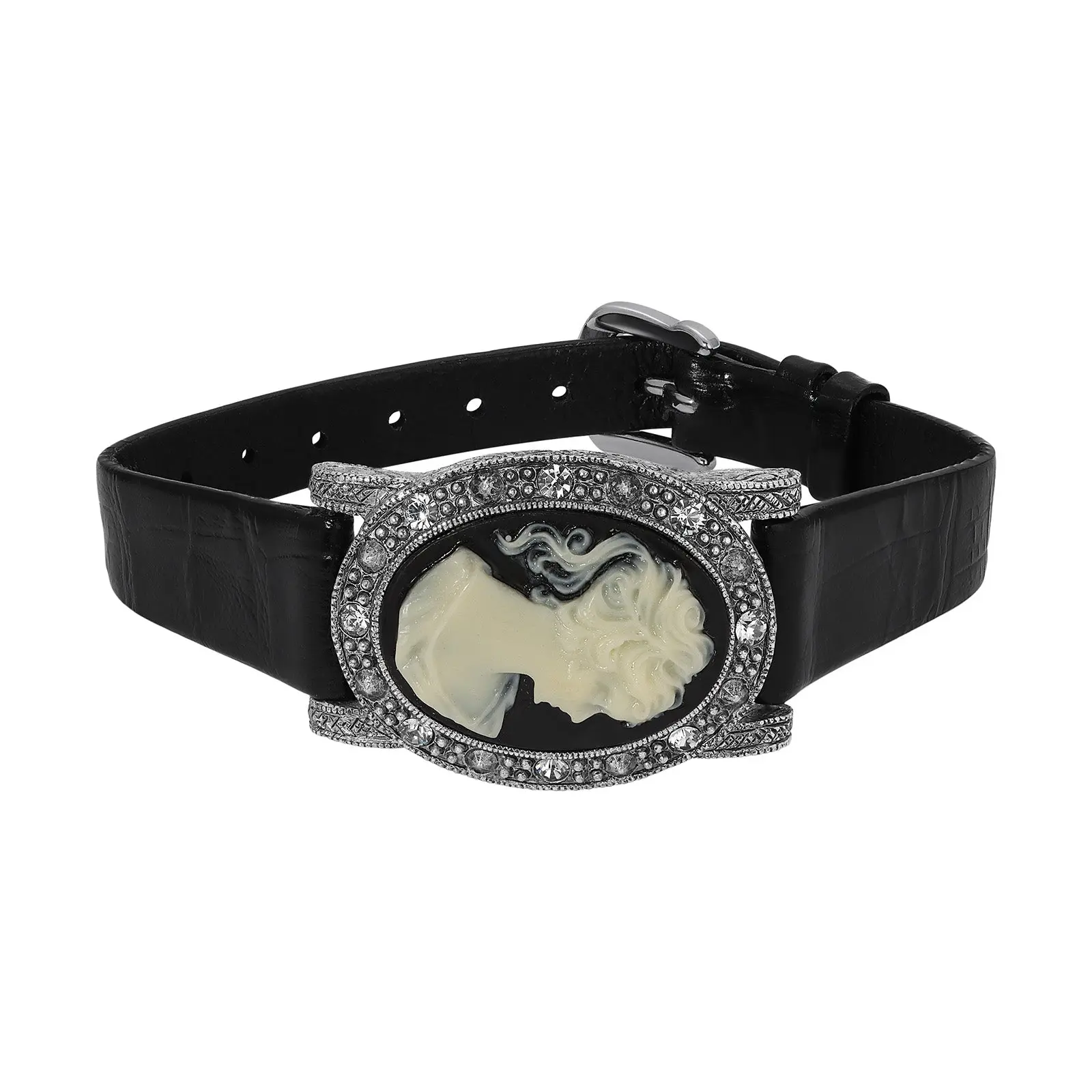 Black Diamond Crystal Cameo Crocodile Print Leather Belt Bracelet