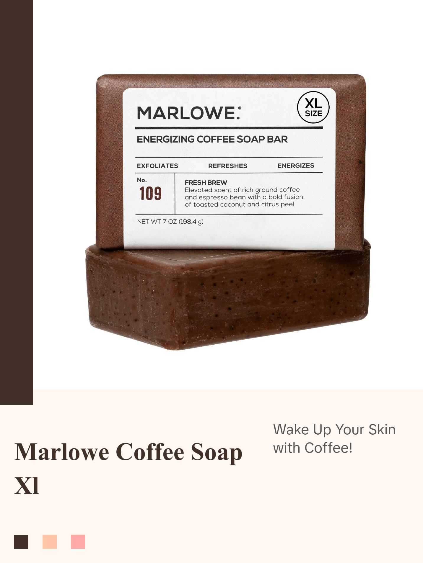 MARLOWE. No. 109 Energizing Coffee Soap Bar for Men - Fresh Brew Scented Body Soap Blend with Cocoa and Coconut Notes Caffeine Exfoliate Moisturize Cleanser Cleansing
