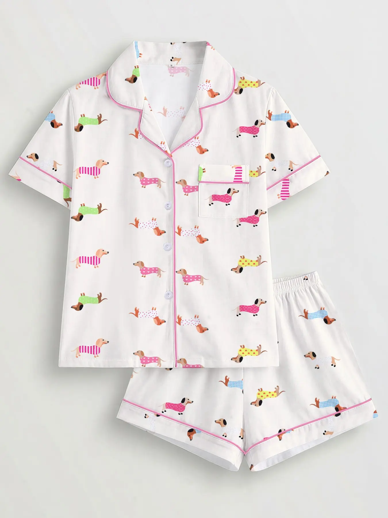 Funny Cartoon Dog Summer Pajama Set, Loungewear Pjs, Loose Fit Slimming Collar Style, Daily Homewear, Casual All over Print, Fall & Winter, Nightwear, Pyjamas