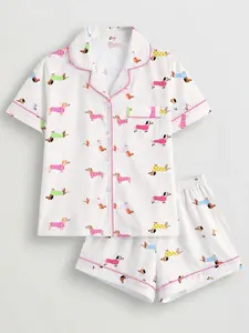 Funny Cartoon Dog Summer Pajama Set, Loose Fit Slimming Collar Style, Daily Home Wear, Casual All over Print, Fall & Winter