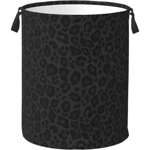 Black Leopard Print Laundry Hamper Bag With Waterproof Liner - Round Laundry Basket Foldable Clothes Organizer For Bedroom Nursery Dorm, S-16.5"X 13.8"
