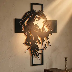 Jesus Christ Cross Wall Art Night Light - Christian Religious Home Decor - Backlit Metal Silhouette With Crown Of Thorns - Ideal Easter Gift