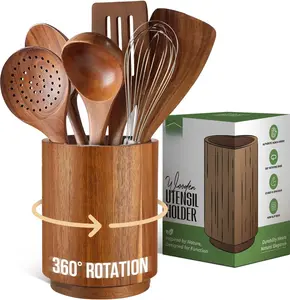 Acacia Wooden Utensil Holder for Kitchen Counter,  Utensil Holder Counter, Kitchen Utensils Holder with 360 Rotation, Non-Slip Large Utensils Holders, Spatula Holders