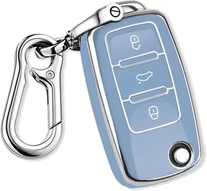for VW Key Fob Cover with Keychain Silver Trim Soft TPU Compatible with Volkswagen Jetta Beetle Santana Scirocco Eos Tiguan Touran Polo MK5 Passat Golf GTI MK6(Blue)