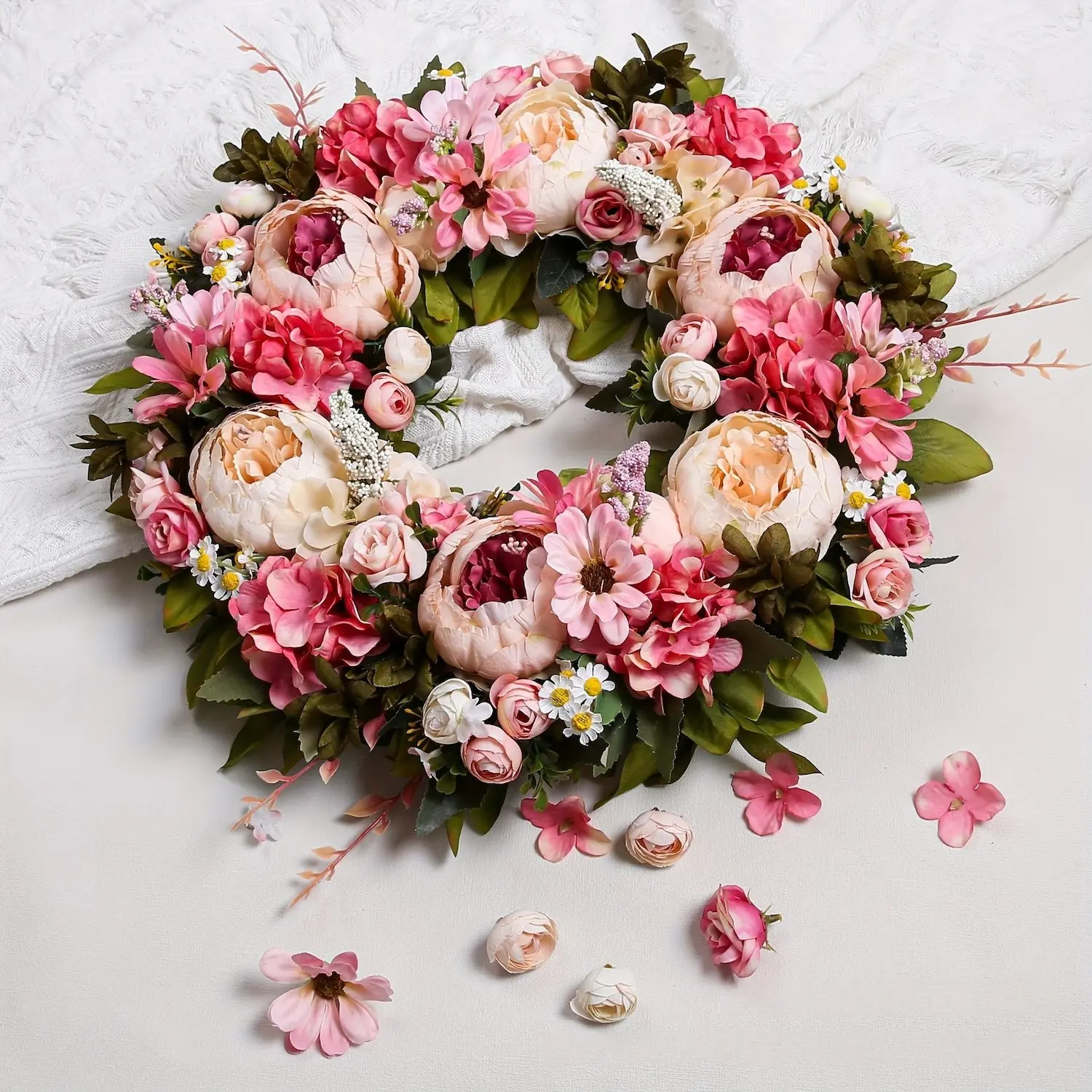 Multicolor Realistic Spring Peony Rose Wreath, Lifelike Artificial Flower Fake Flowers Decorative Flowers 45cm Artificial Rose Flower Plastic Flower Ring for Home & Office Decor, Perfect for Mother's Day & Easter