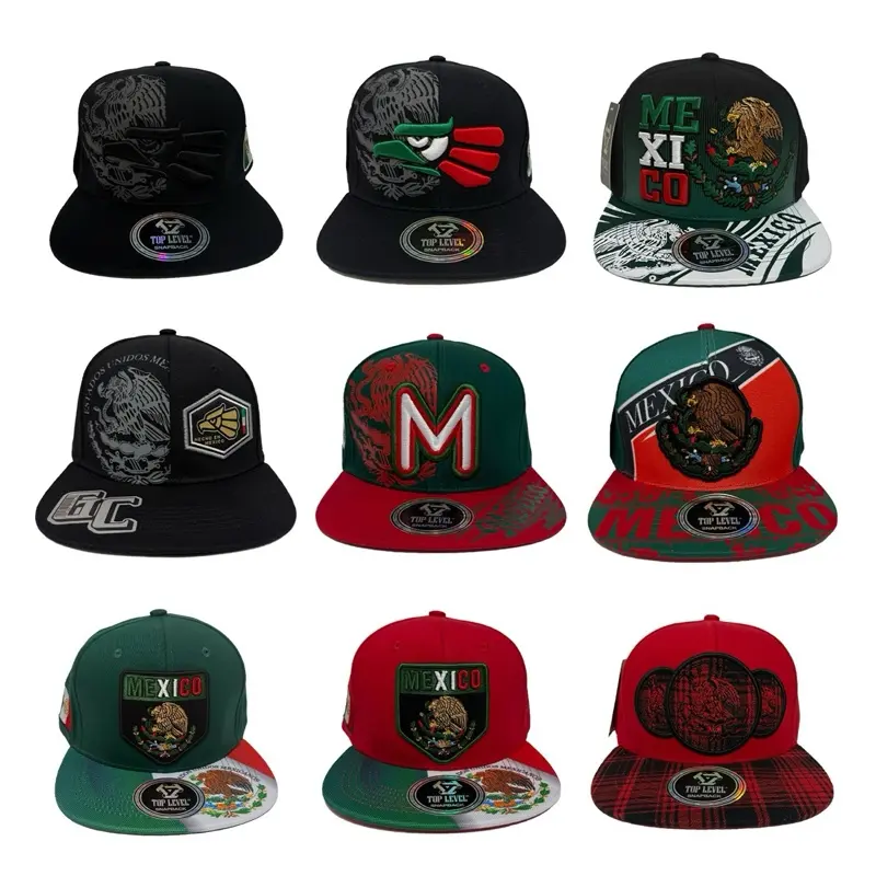 Mexico Snapback Hat with Eagle Embroidered and Mexico Flag Design on the Brim Available in Black, Red and Green