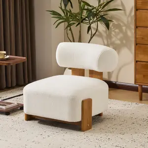 Modern Boucle Upholstered Accent Chair, Armless Living Room Single Lounge Sofa, Comfy Reading Chair for Bedroom, Low Profile Chair, Natural+Beige
