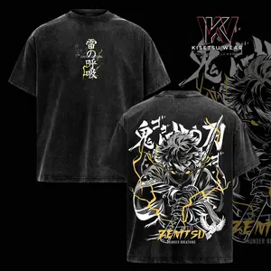 Limited Edition "Thunder Breathing" Zenitsu Agatsuma T-Shirt Demon Slayer Anime Graphic Tee Oversized Acid Washed Soft Cotton Men Shirts Anime Streetwear Casual Menswear Unisex Apparel Gift for Anime Fans Demon Slayer Merch Infinity Castle Arc Lovers
