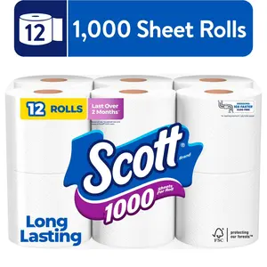 Scott 1000 1-Ply Toilet Tissues, 12-Roll Pack, 1000 Sheets per Roll, Eco-Friendly Bathroom Supply for Home Care