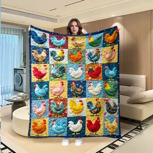Colorful Rooster Patchwork Digital Print Flannel Blanket, Thanksgiving Valentine Christmas Gift, Holiday Gift Throw Blanket