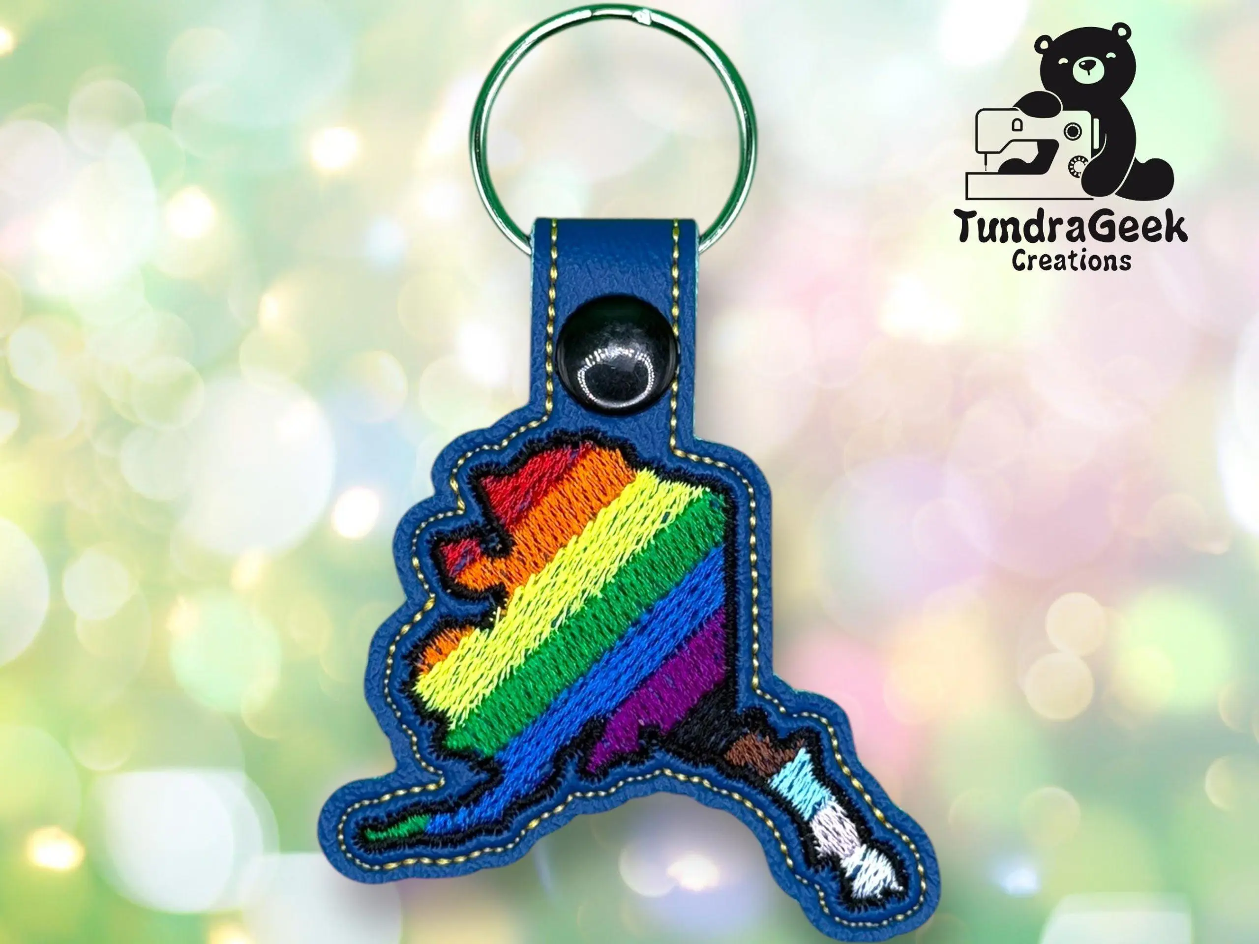 AK State-Shaped Progress Pride Embroidered Keychain