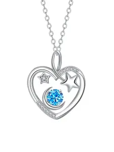 Moon and Star Pendant for Women, Blue CZ Birthstone Heart Necklace, Jewelry Gifts for Her Daughter Granddaughter