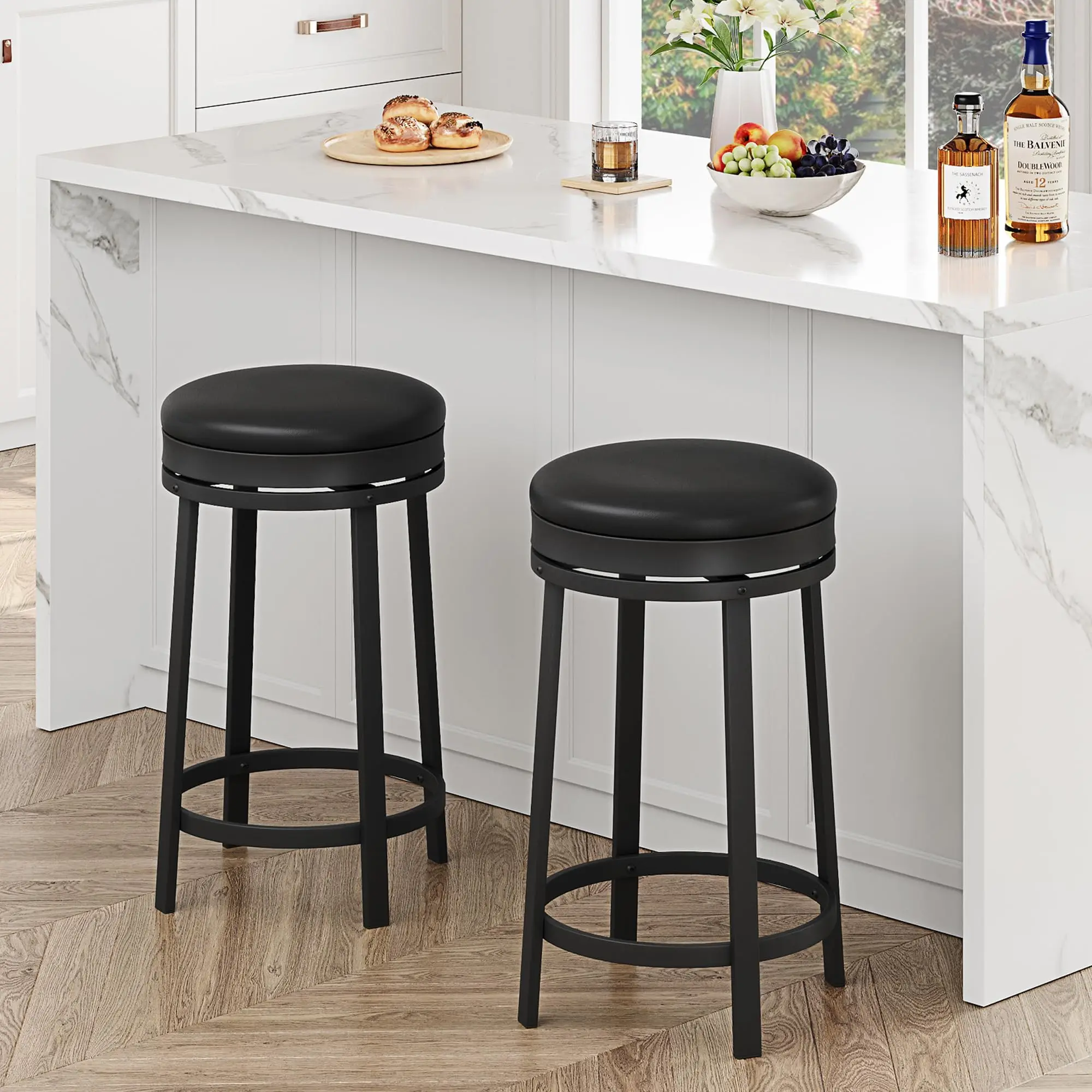 YJ-Garvee Modern Round Backless Indoor Swivel Bar Stools Set of 2, 24in Counter Height, PU Leather Upholstery, Metal Frame, Footrest, 14.6"d x16.5"w x24.4"h, 25.4lbs, Hassle-Free Maintenance, Easy Assembly Setup, for Kitchen Island, Home Bar, Black, Indoo
