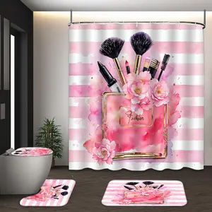 LVRLVR 4pcs Fashion Makeup Brushes Pink Floral Watercolor Glam Bathroom Set with Shower Curtain, Bath Rugs and Hooks - 70.8"×70.8" (180×180cm)