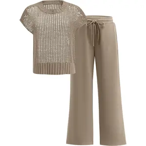Women Two Piece Outfits Crochet Sheer Knit Sweater Top Wide Leg Pants Lounge Matching Sets Travel Clothes