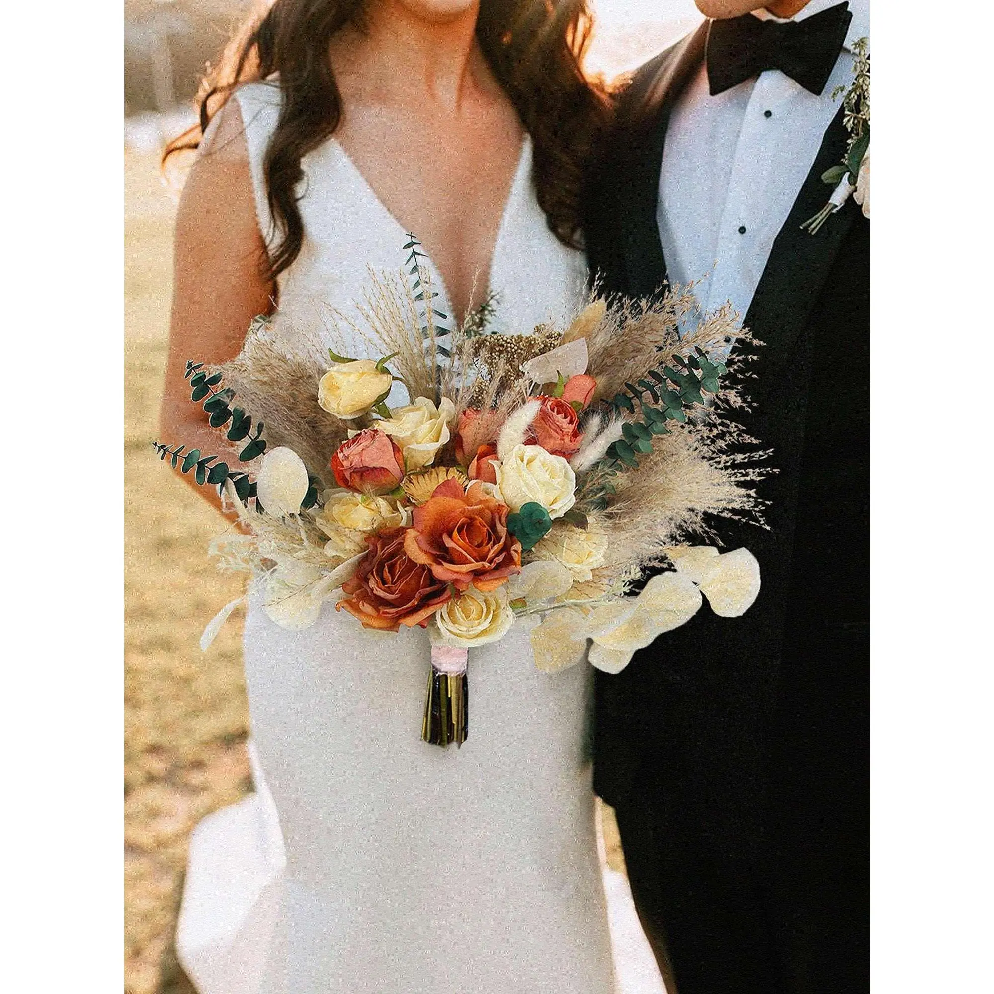 Rinlong 15.7in Wide Decorative Terracotta Beige Silk Flower Bridal Bouquet with Eucalyptus - Bohemian Boho Vibe Accent for Home Wedding Festive Decor, 15.7 Inch W