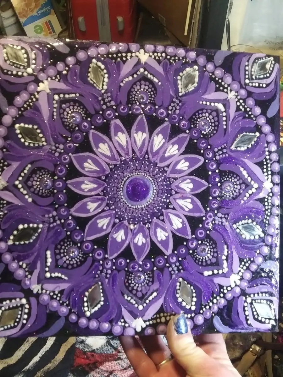 10x10 purple"Rainbow Chakra" hand painted wood canvas with mirror accents