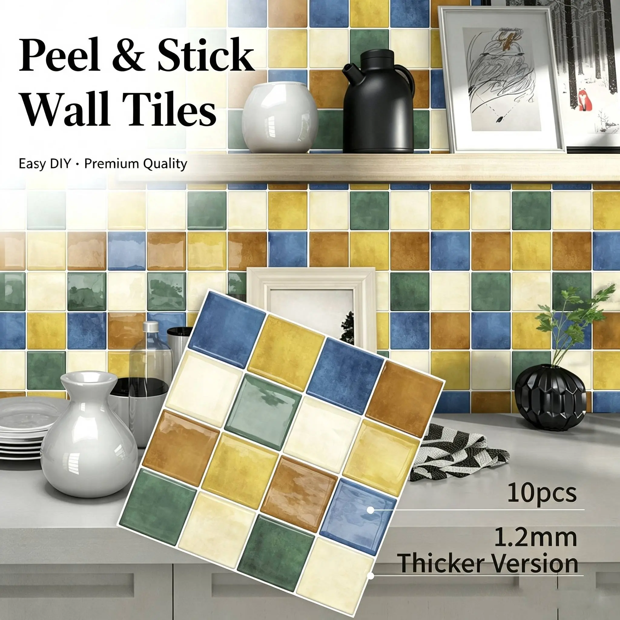 MOONFUN Peel and Stick Wall Tiles, 12×12 in Mediterranean Vintage Grid Square Resin Stickers, Waterproof, Oil-proof, Moisture-resistant, Scratch-resistant 3D Backsplash for DIY Home Kitchen Bathroom Decor