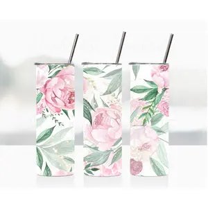 Pink watercolor flowers customizable insulated tumbler- Laser engraved name option