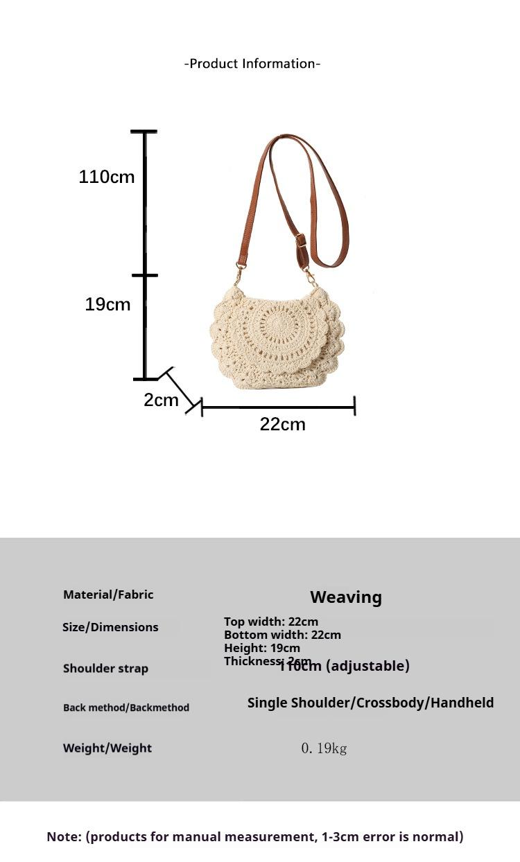 Lace-trimmed crossbody cotton woven bag, openwork straw shoulder bag, vacation-style beach bag, versatile women's bag.