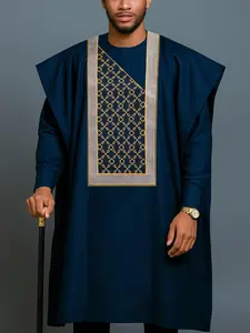 Men's Agbada Three-Piece Set, Round Neck, Pockets, Embroidery, Hidden Buckle, Split Hem, Ethnic Pattern Robe, Long Sleeve Shirt, Drawstring Pants
