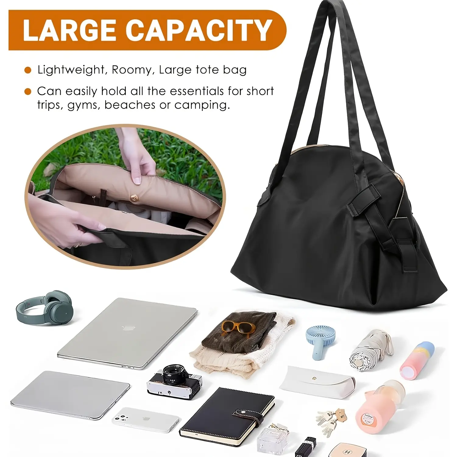 Women's fashion large-capacity tote bag, foldable portable storage bag, outdoor camping travel shoulder bag, durable business shopping bag.