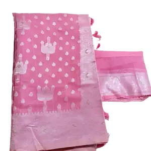 Linen Cotton Saree in Pink with Elegant Embroidery and Matching Blouse Piece for Festive Wear