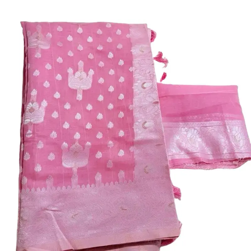 Linen Cotton Saree in Pink with Elegant Embroidery and Matching Blouse Piece for Festive Wear