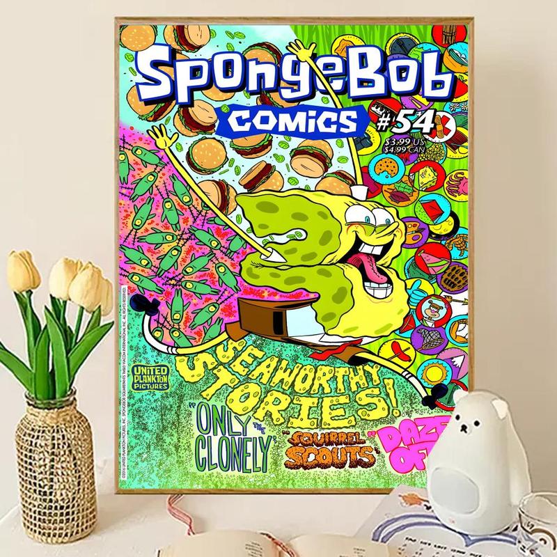 Animated Cartoon S-Sponge-Bob Poster Sticky Wall Art Printing Waterproof Modern Aesthetic Home Living Bedroom Decor Trendy Room Decoration Gift Durable High Quality