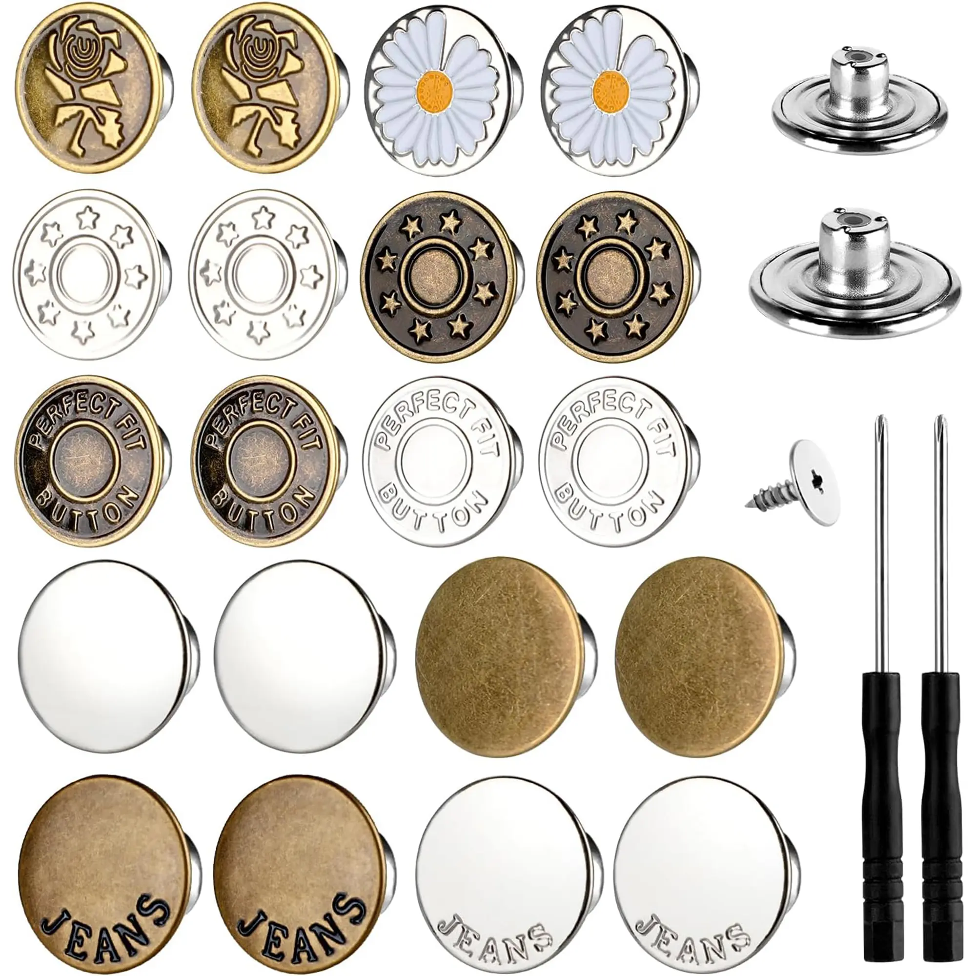 Unisex 20-Count No-Sew Metal Snap Buttons Kit - Adjustable Pants Repair Tool with Flat Backs, Threaded Posts, Screwdriver, Storage Case for Easy Installation on Jeans
