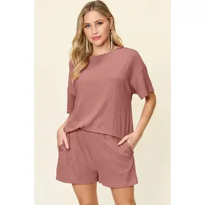 Double Take Full Size Round Neck Short Sleeve T-Shirt and Shorts Set