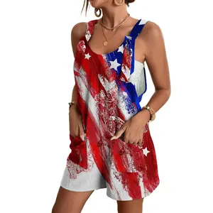 Patriotic Flag Print Sleeveless Romper | 4th of July Casual Outfit,Brushstroke American Flag Romper | Casual Patriotic Sleeveless Playsuit