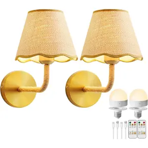 Battery Operated Rattan Wall Sconces Set of Tow, Wireless Rechargeable Battery Powered Wall Light with Grass-Woven Lampshade for Bedroom Living Room Hallway Porch(E26 Bulb Included)