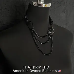 ThatDripTho Black Leather Choker with Black Layered Chains Daily Wear Unisex Fashion Jewelry for Women and Men