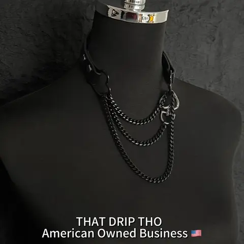 ThatDripTho Black Leather Choker with Black Layered Chains Daily Wear Unisex Fashion Jewelry for Women and Men