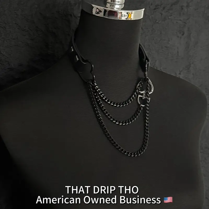 ThatDripTho Black Leather Choker with Black Layered Chains Daily Wear Unisex Fashion Jewelry for Women and Men