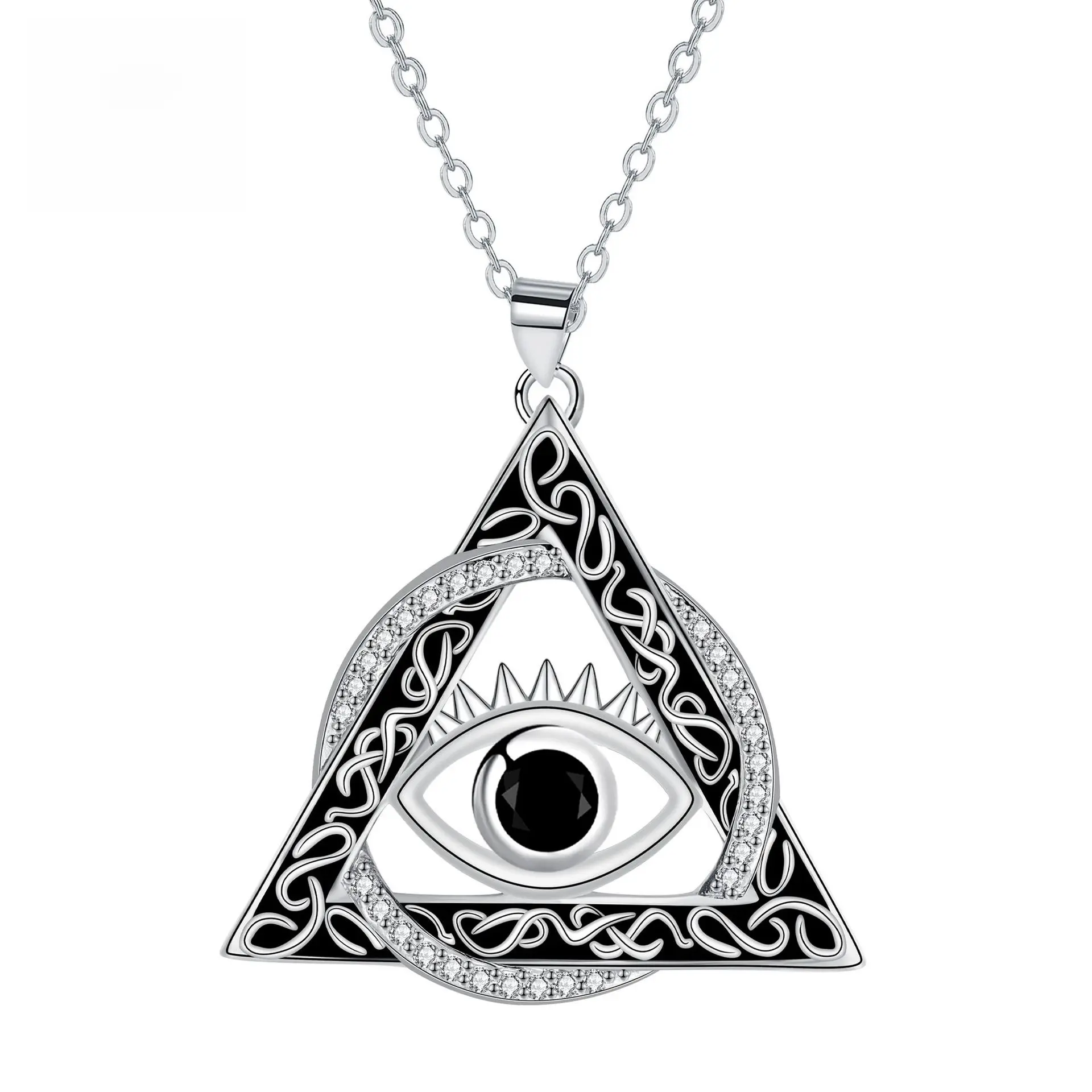 Women's Triangle Devil's Eye Pendant Necklace, Designer Style Solid Copper Chain Jewelry, Good Luck Symbol, Birthday Gift for Best Friend, Female, Chain Jewelry Necklaces, Elegant