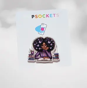 Butterfly Purple Melanin Girl With Book Phone Grip, Black Beauty Girl Read Books Accessory, Magnetic Phone Grip for Kindle & Books