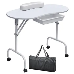 37-inch Portable & Foldable Nail Table with Locking Wheels, Large Drawer & Wrist Rest - Mobile Manicure Station for Spa & Salon (White)