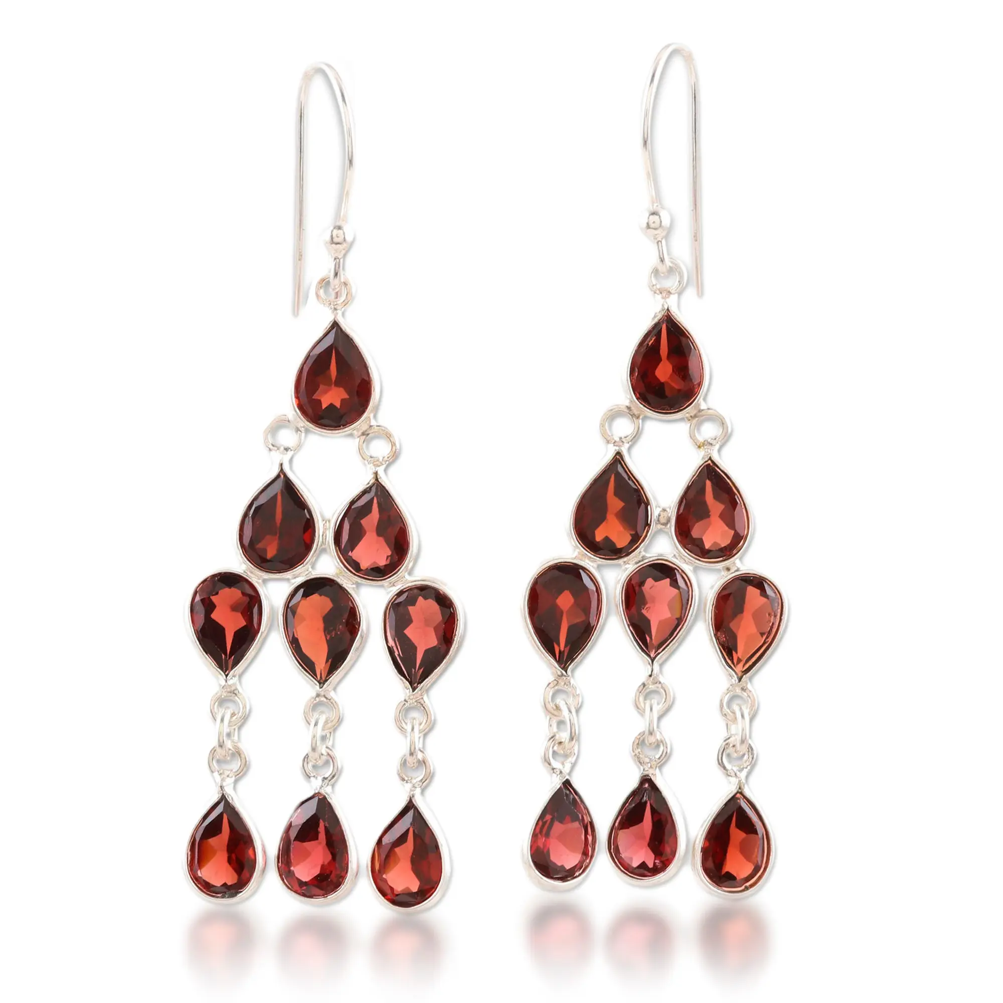 Novica Handmade Garnet Chandelier Earrings .925 Sterling Silver Dangle India Birthstone Gemstone [2 In L X 0.7 In W X 0.1 In D] 'Radiant Waterfall'