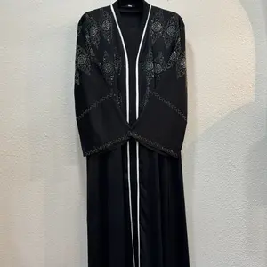 Dubai Abaya Normal Style - Black Dress with Embellished Details and White Stripes