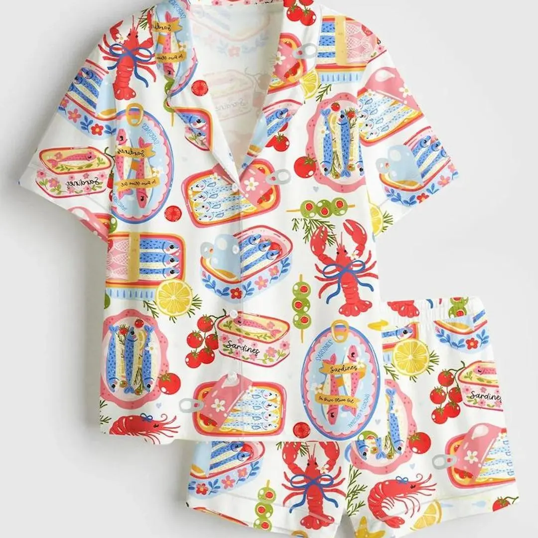 Sardine Print Satin Pajama Set, Coastal Nautical Summer Sleepwear