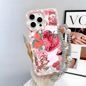 Strawberry Shortcake Pattern Bling Glitter Phone Case with Sparkle Diamond, Airbag Anti-Fall Crystal Cover for iPhone 16 15 14 13 12 Pro Max Plus Girl