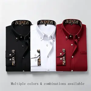 3PCS Men's Luxury Dress Shirts with Floral Trim, 100% Cotton, Slim Fit, Long Sleeves, Button-Down, Business & Casual Tops